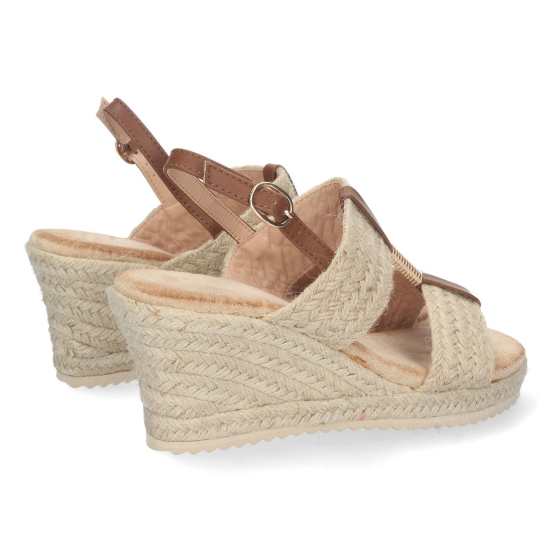 Sandalia de Cuña con Doble Pala Trenzada - Beige