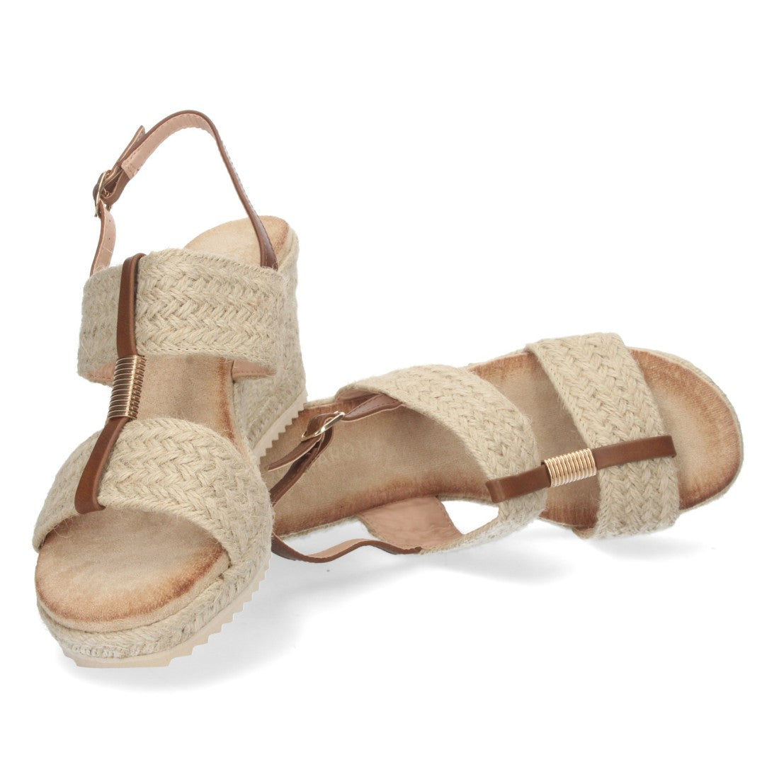 Sandalia de Cuña con Doble Pala Trenzada - Beige