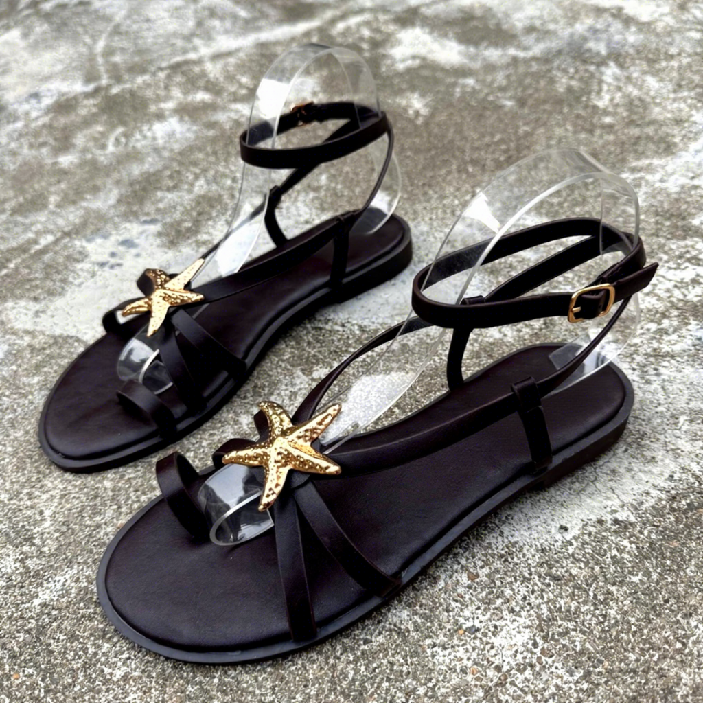 Sandalia romana plana con decoración de estrella - 5269-Negro
