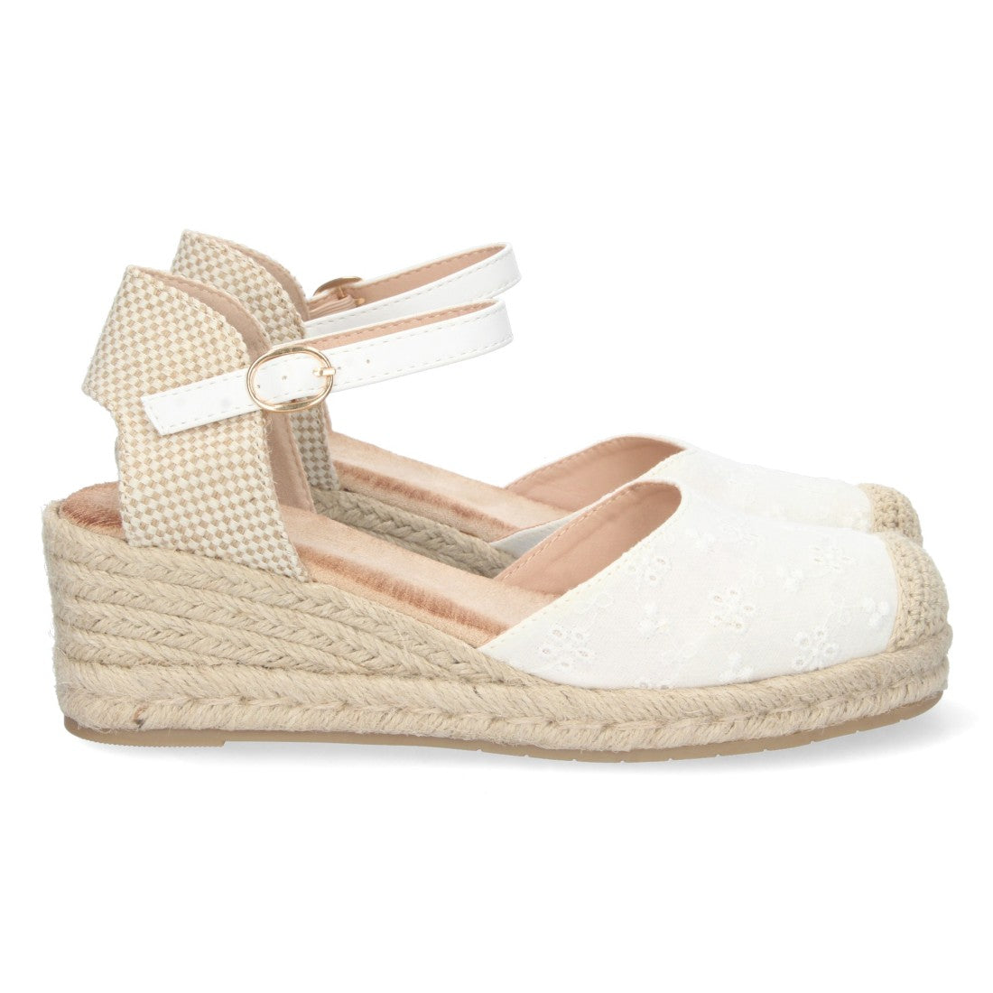 Sandalia de Cuña con Punta de Rafia y motivos florales Negra