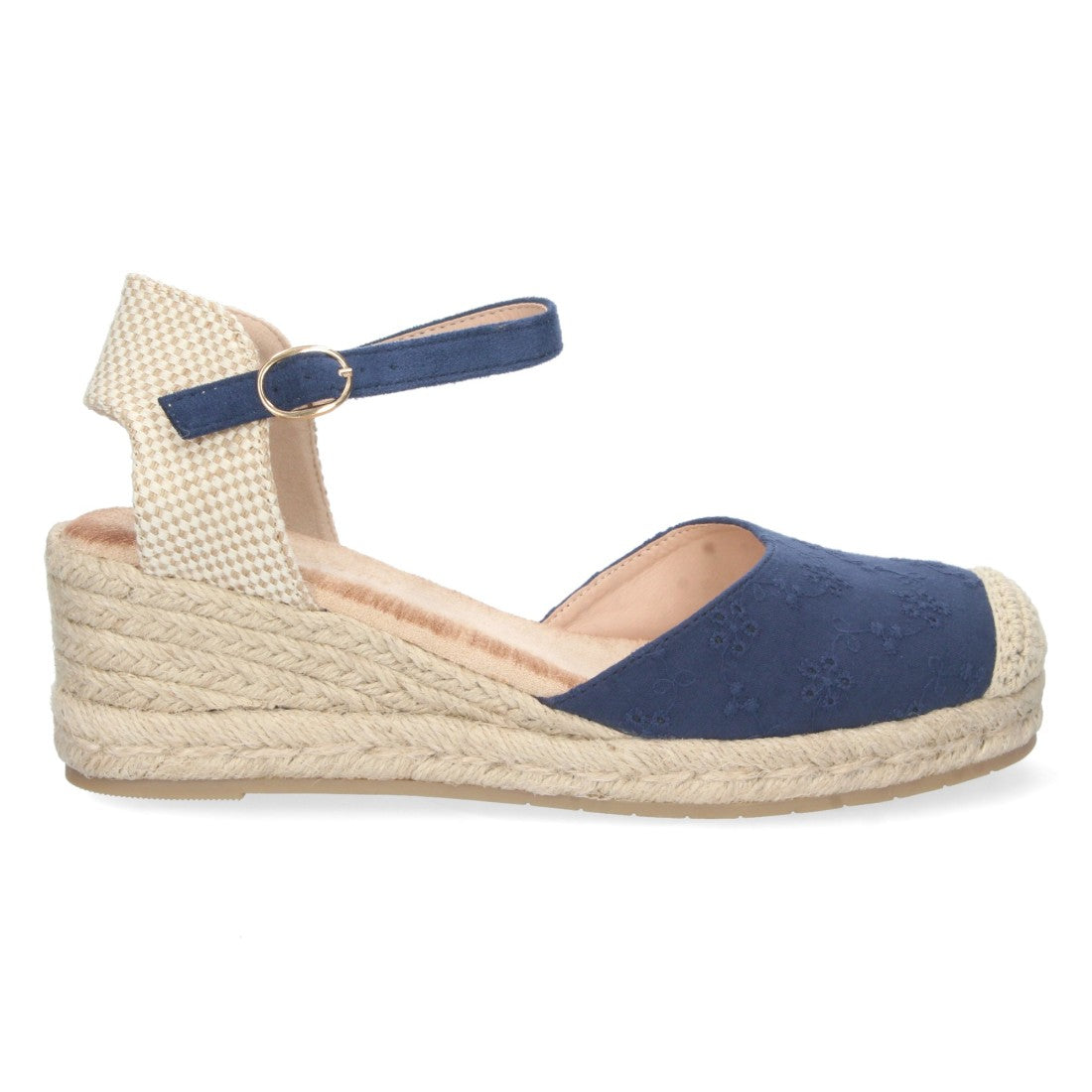 Sandalia de Cuña con Punta de Rafia y motivos florales Negra-Azul