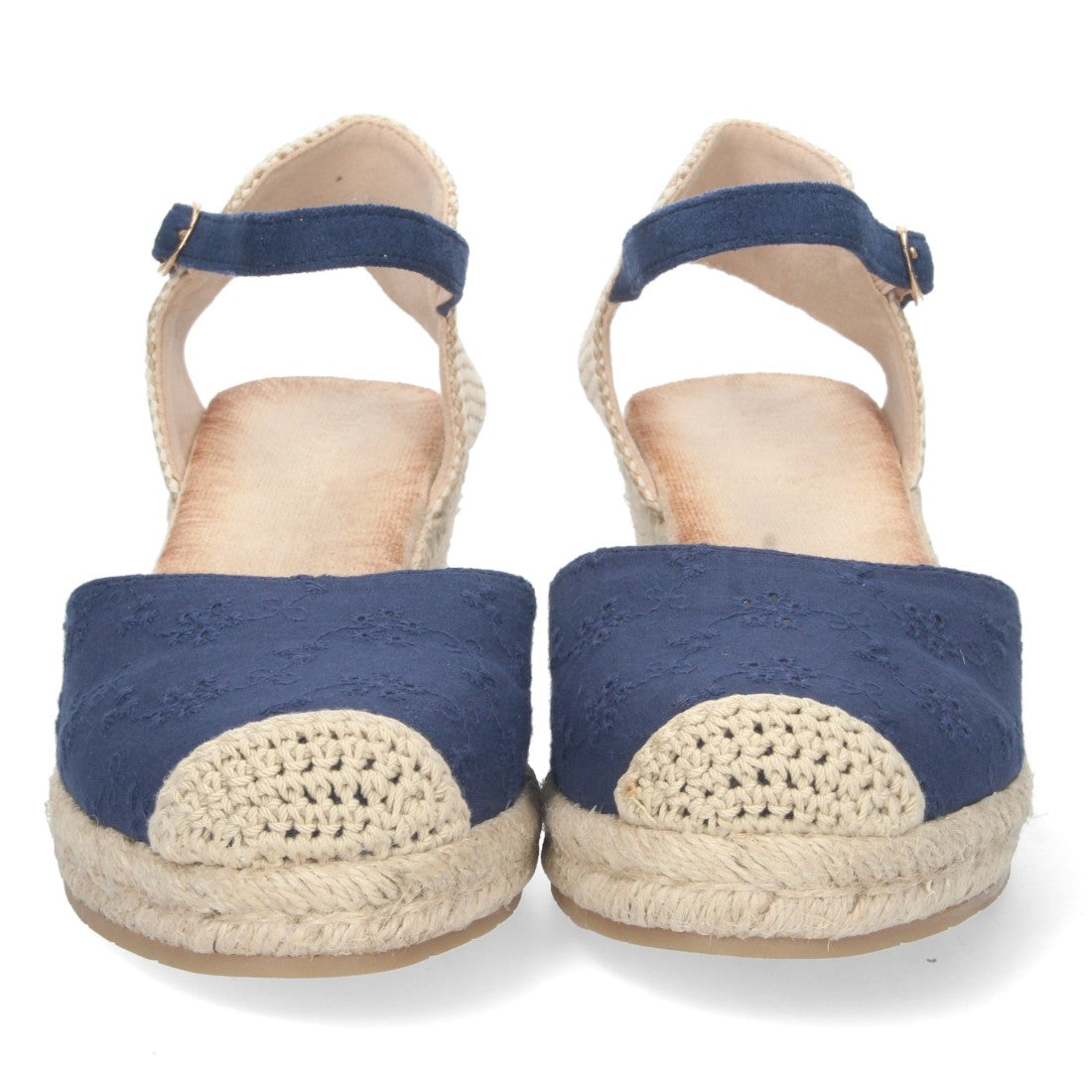 Sandalia de Cuña con Punta de Rafia y motivos florales Negra-Azul