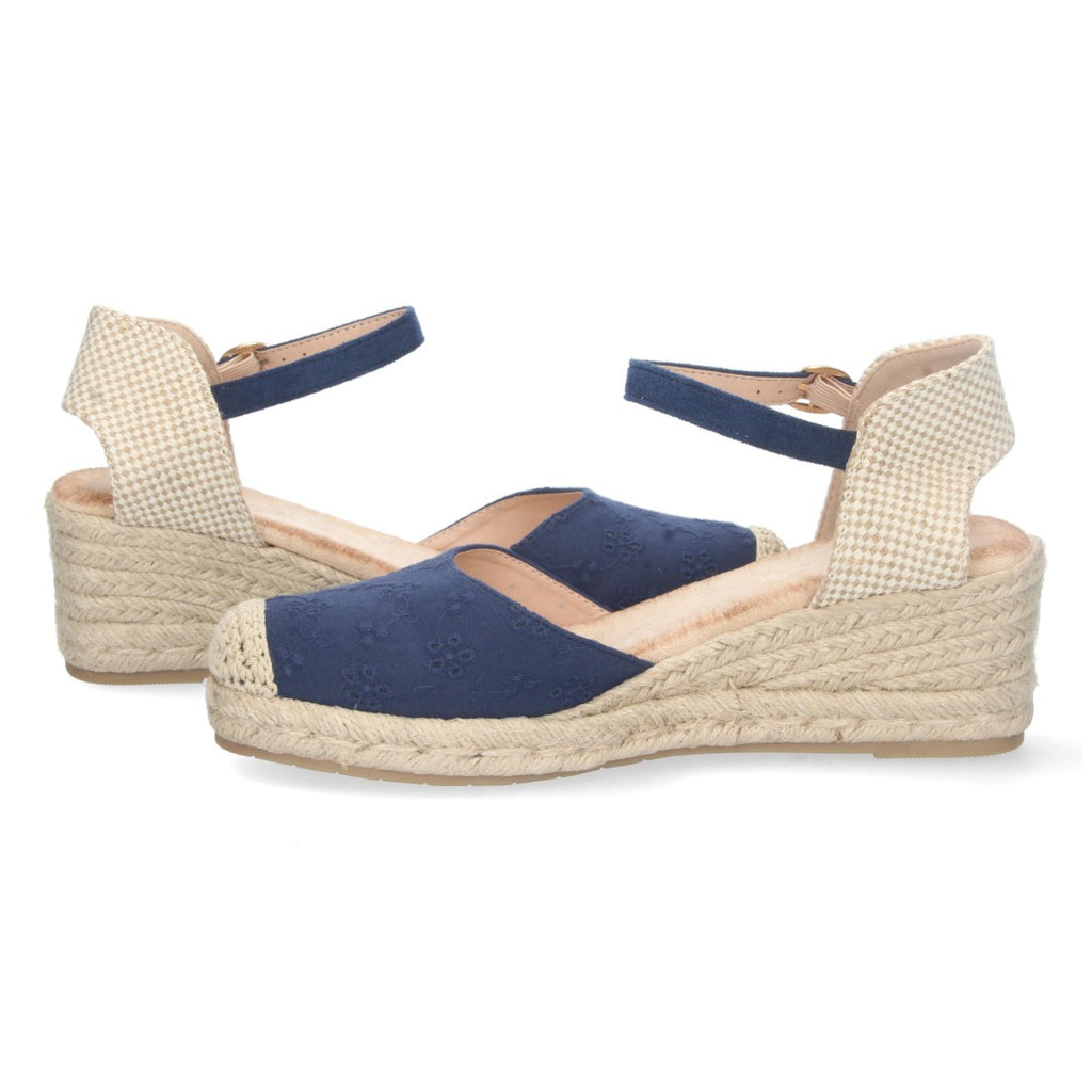 Sandalia de Cuña con Punta de Rafia y motivos florales Negra-Azul