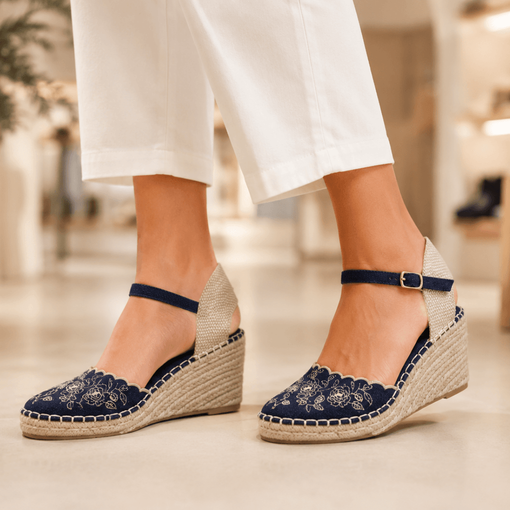 Alpargata bordada de cuña  – diseño floral y hebilla ajustable-Azul